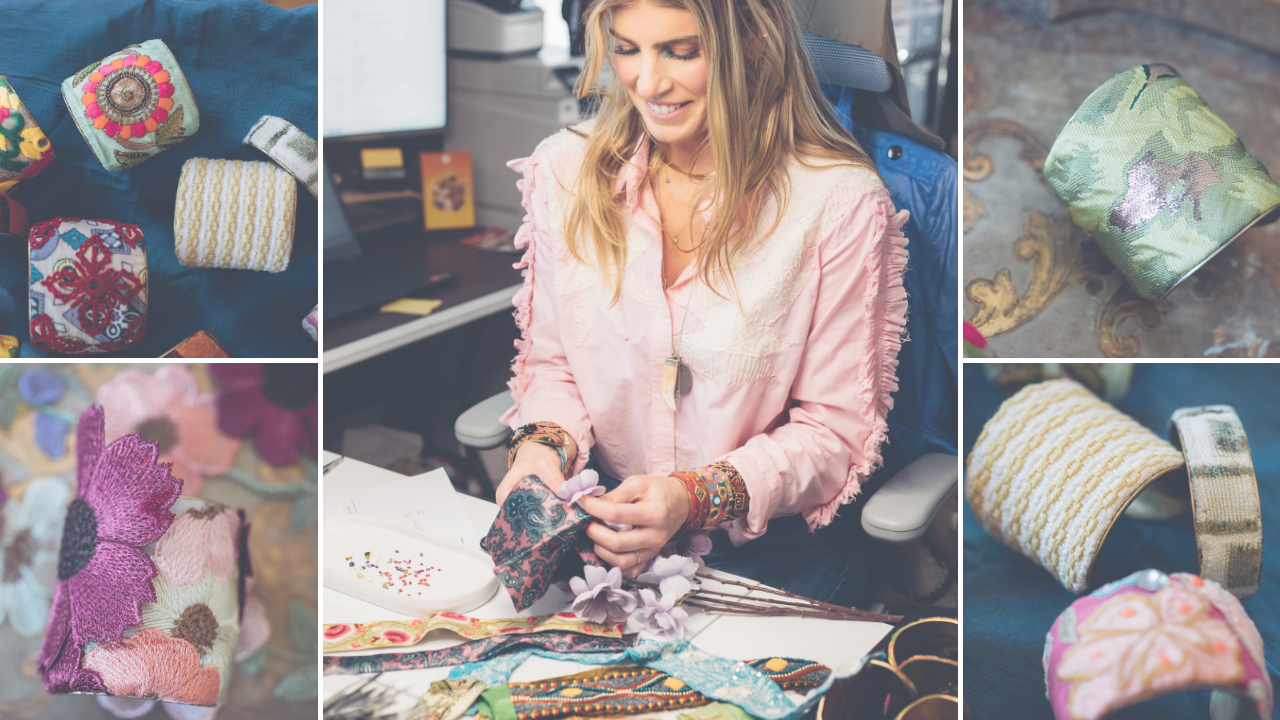 Radiant Rebirth of Spring cuff bracelet collection – handcrafted floral cuffs in embroidered vintage textiles, styled in a colorful spring jewelry layout.