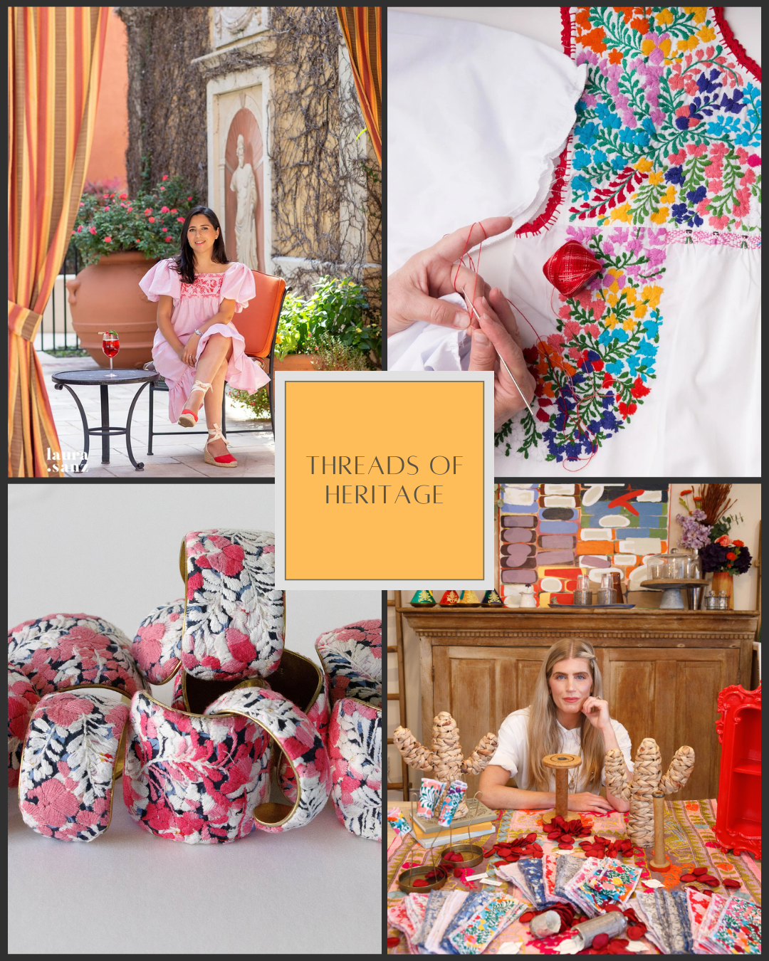 Threads of Heritage collection by Redd Dott Jewelry and Margarita Mercantile featuring floral hand-embroidered Mexican fabrics, artisans at work, and vibrant pink cuff bracelets inspired by Oaxaca’s textile tradition.