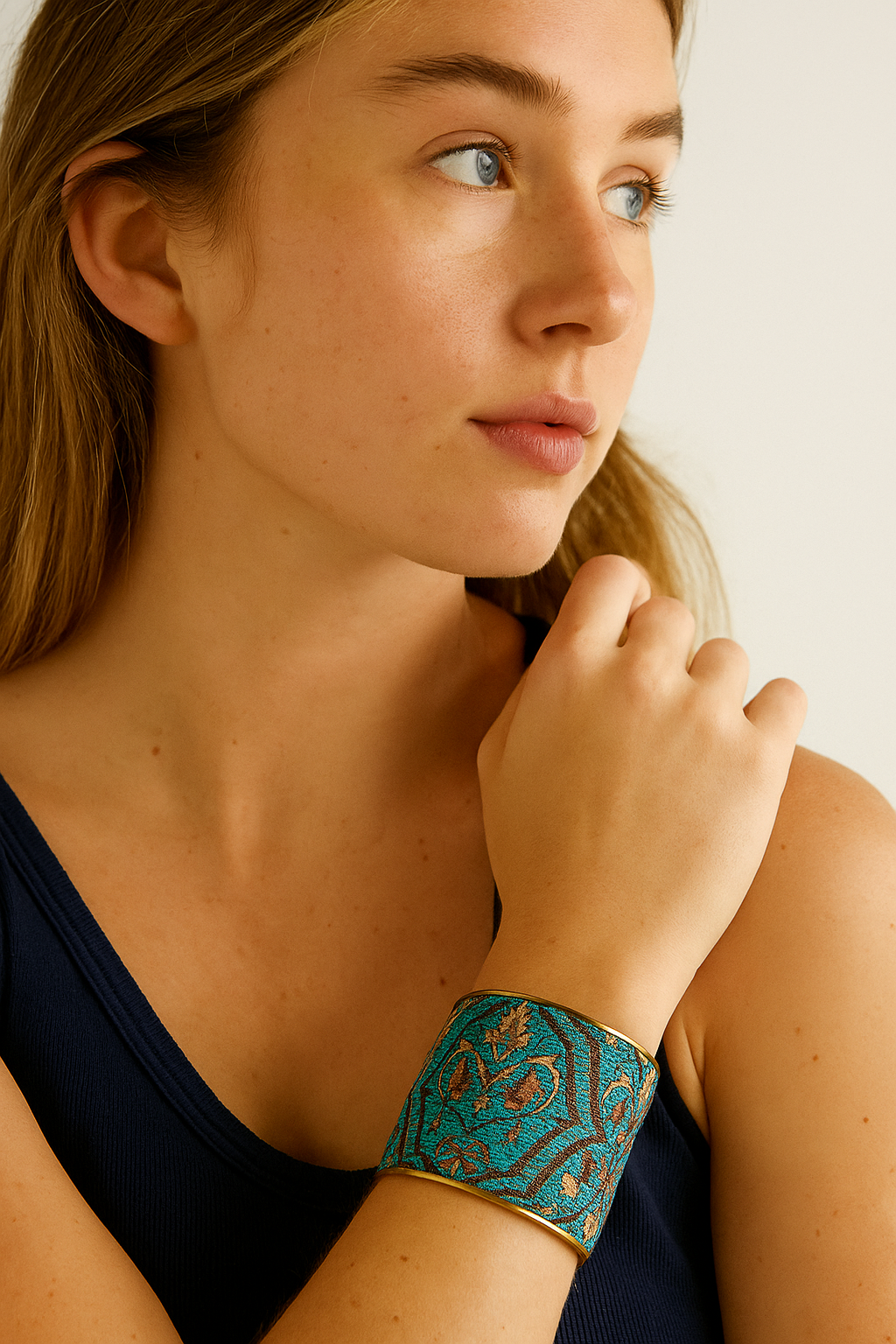 Azure - Bright Teal Custom Stamped Cuff Bracelet With Brown Trim