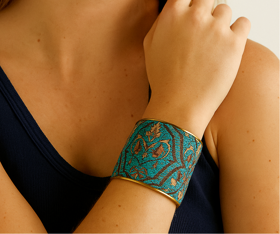 Azure - Bright Teal Custom Stamped Cuff Bracelet With Brown Trim