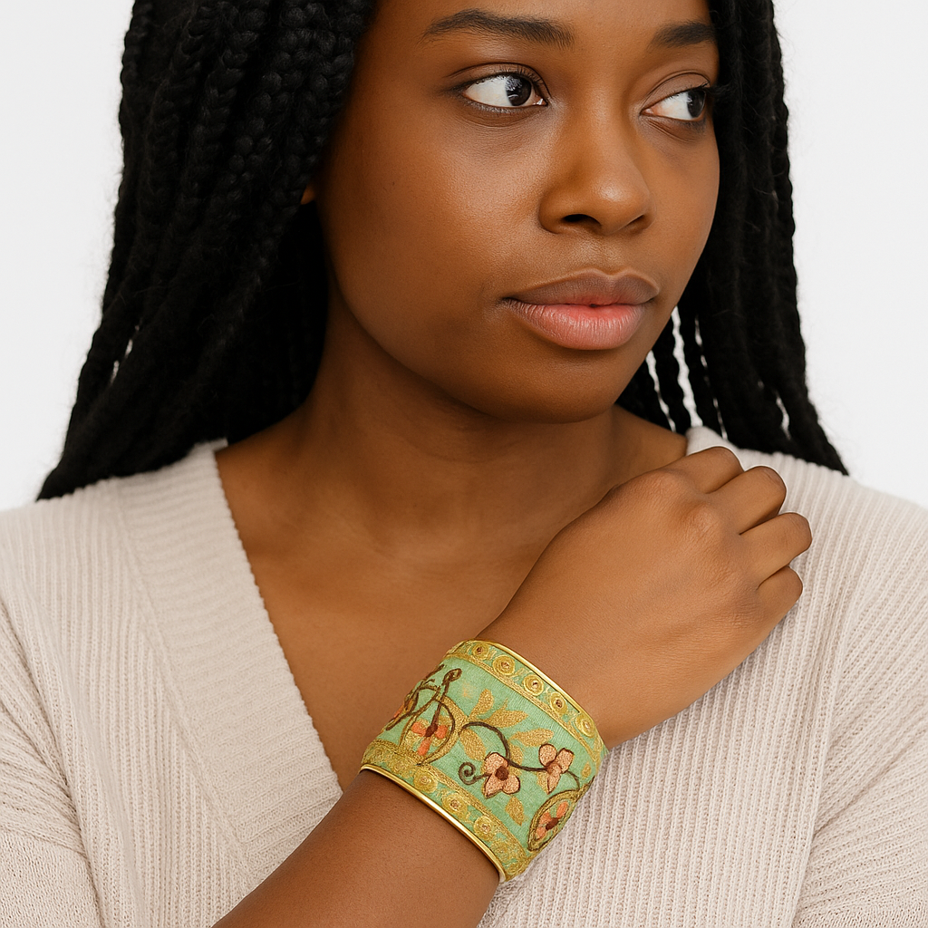 Ambrose Custom Stamped Floral Cuff Bracelet – Green Vintage Fabric with Gold & Blush Embroidery
