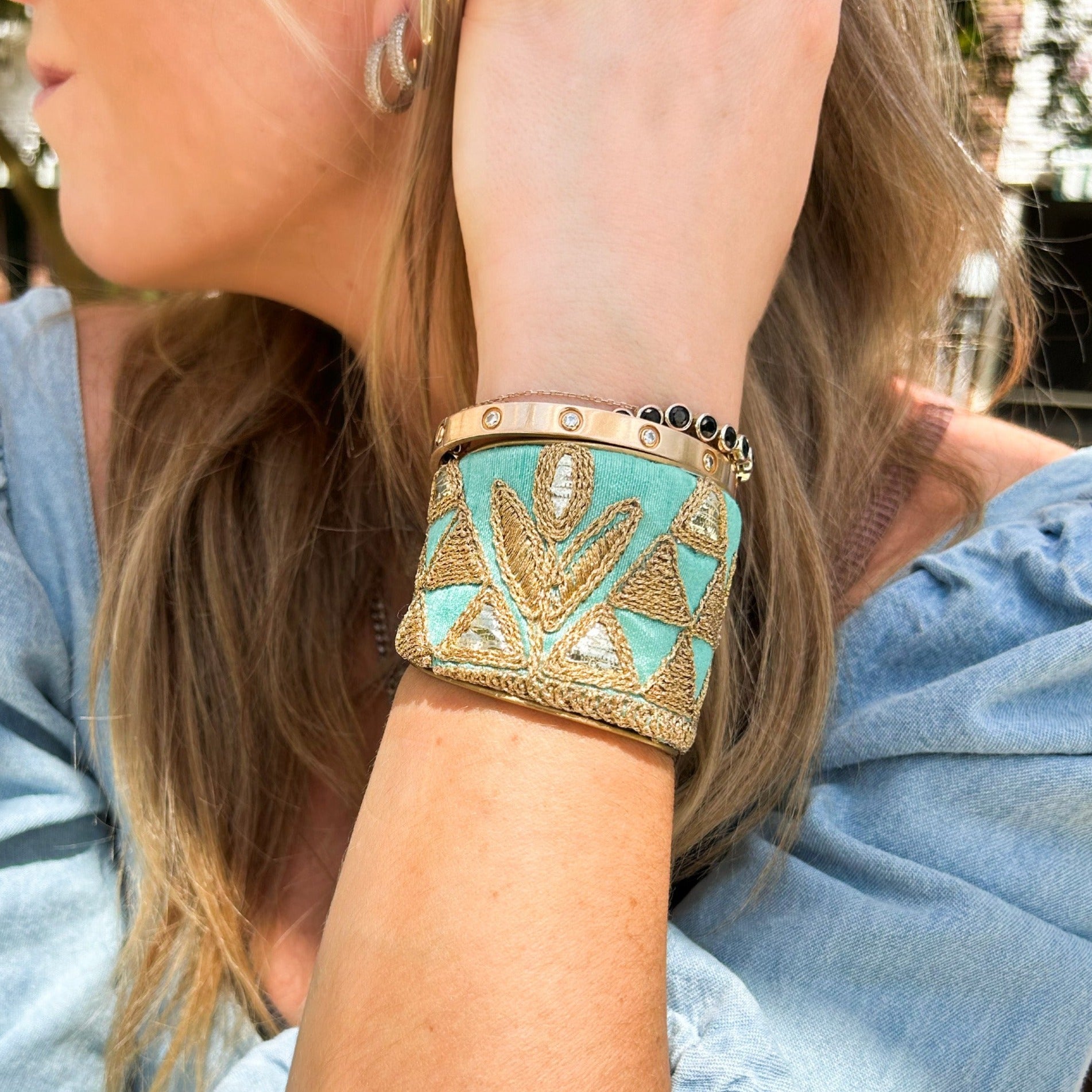 Bora - Green & Gold Brass Cuff Bracelet