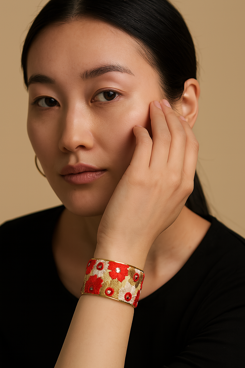 Gyda - Red and Gold Floral Embroidered Bracelet