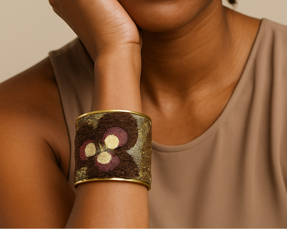 Woman wearing Aspen Custom Brass Cuff Bracelet with charcoal, gold, and cream embroidery, handcrafted in Shreveport, LA by Redd Dott Jewelry.