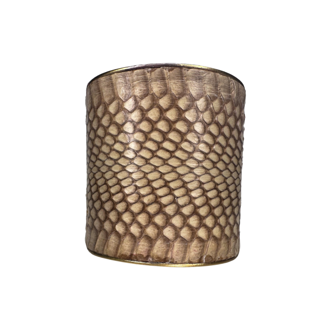 A 3-Inch, nature inspired. gold cuff bracelet handcrafted with authentic Eastern Brown snake skin, showing fine texture and organic detailing; rustic statement jewelry from Redd Dott × The Wild Ones.