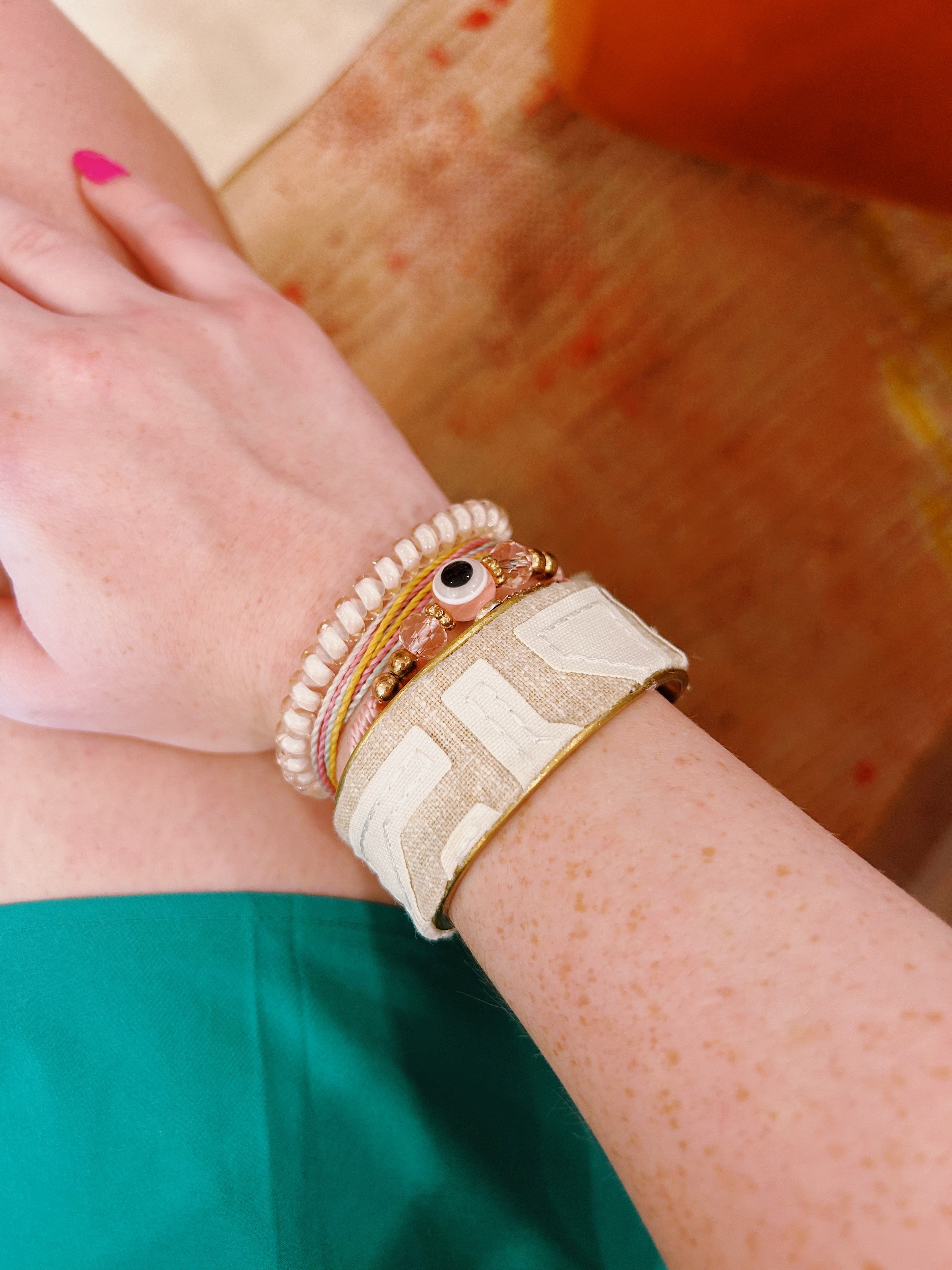 Ivy - White & Natural Geometric Brass Cuff