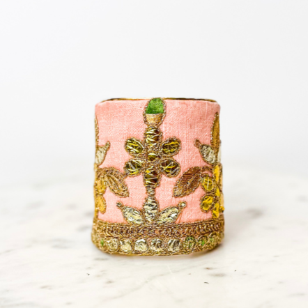 3-Inch Amelia Inspirational Cuff featuring blush pink canvas embroidered with gold and green floral motifs on brass base, handcrafted in Shreveport, LA by Redd Dott Jewelry.