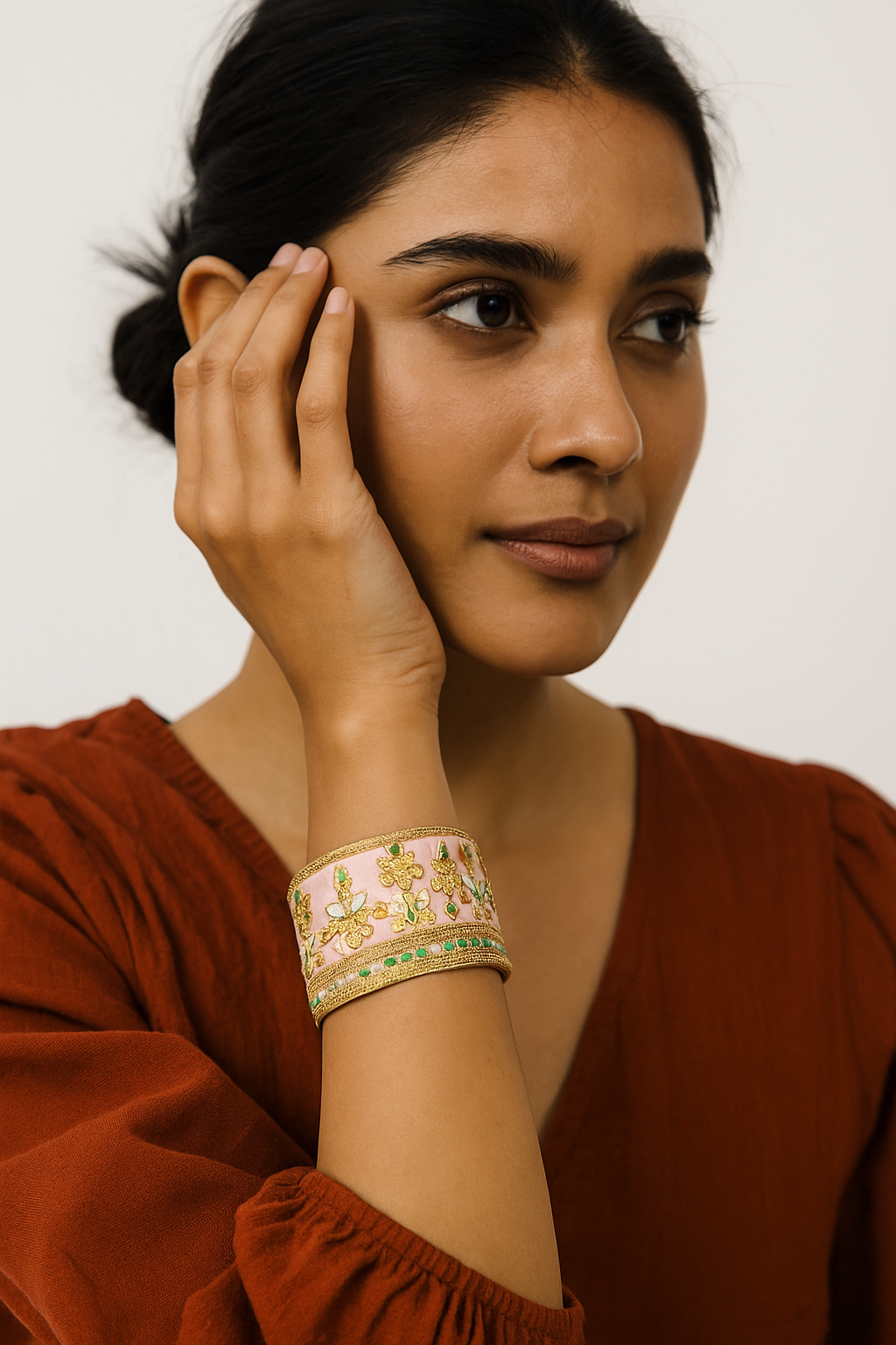 Amelia - Pink With Gold Floral Pattern Cuff Bracelet