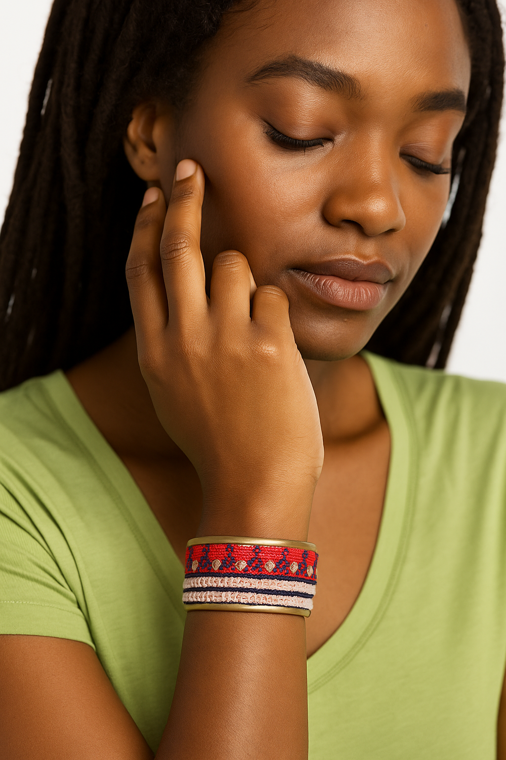 Bernice - Bold Red & Navy Embroidered Brass Cuff Bracelet