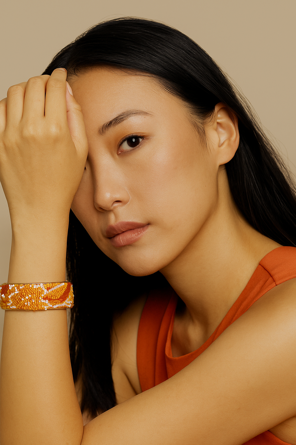 Georgia Beaded Floral Cuff Bracelet – Orange & Gold Hand-Sewn Beads on Brass (1")