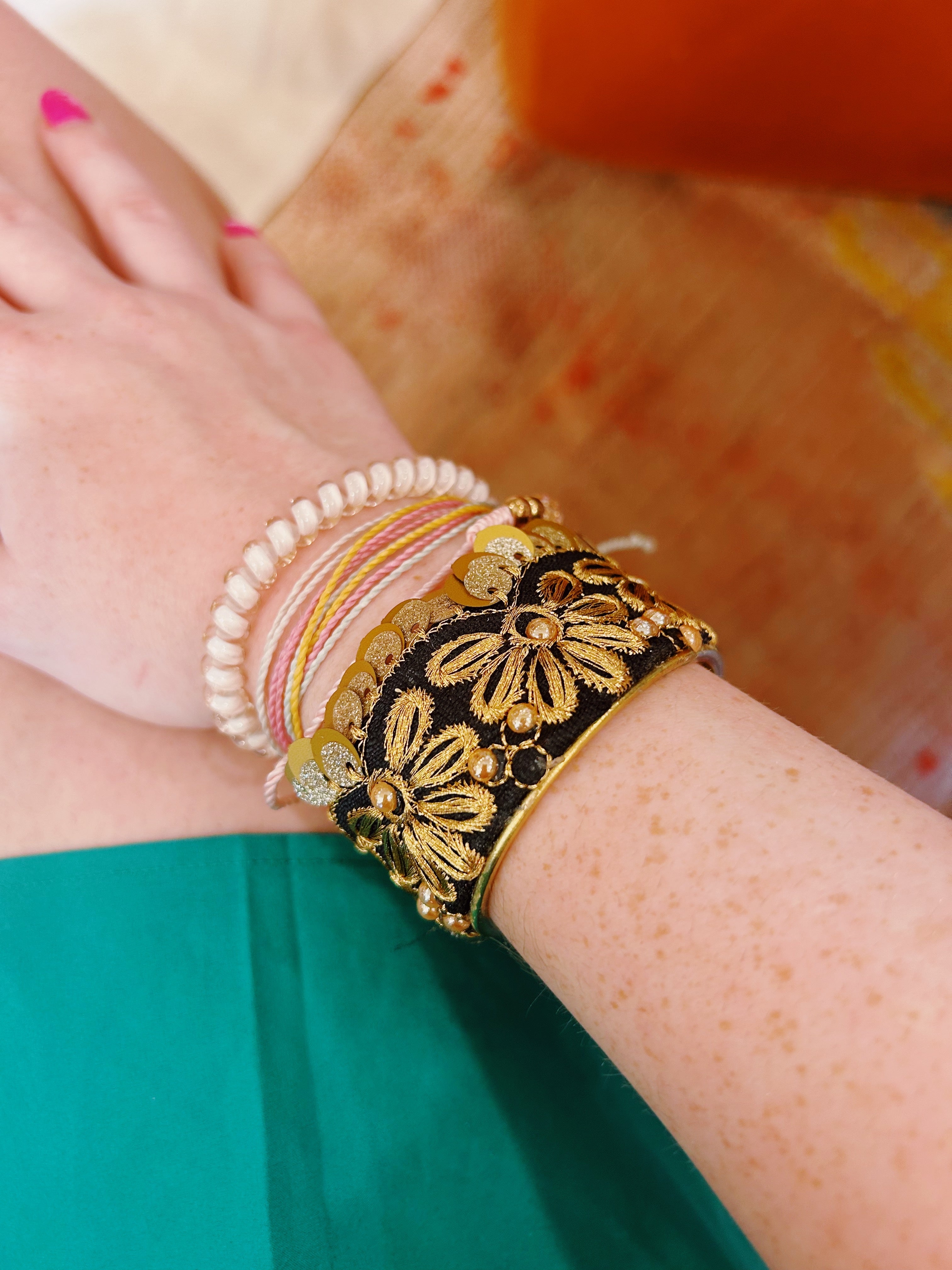 Fleur - Custom Stamped Gold & Black Floral Brass Cuff Bracelet