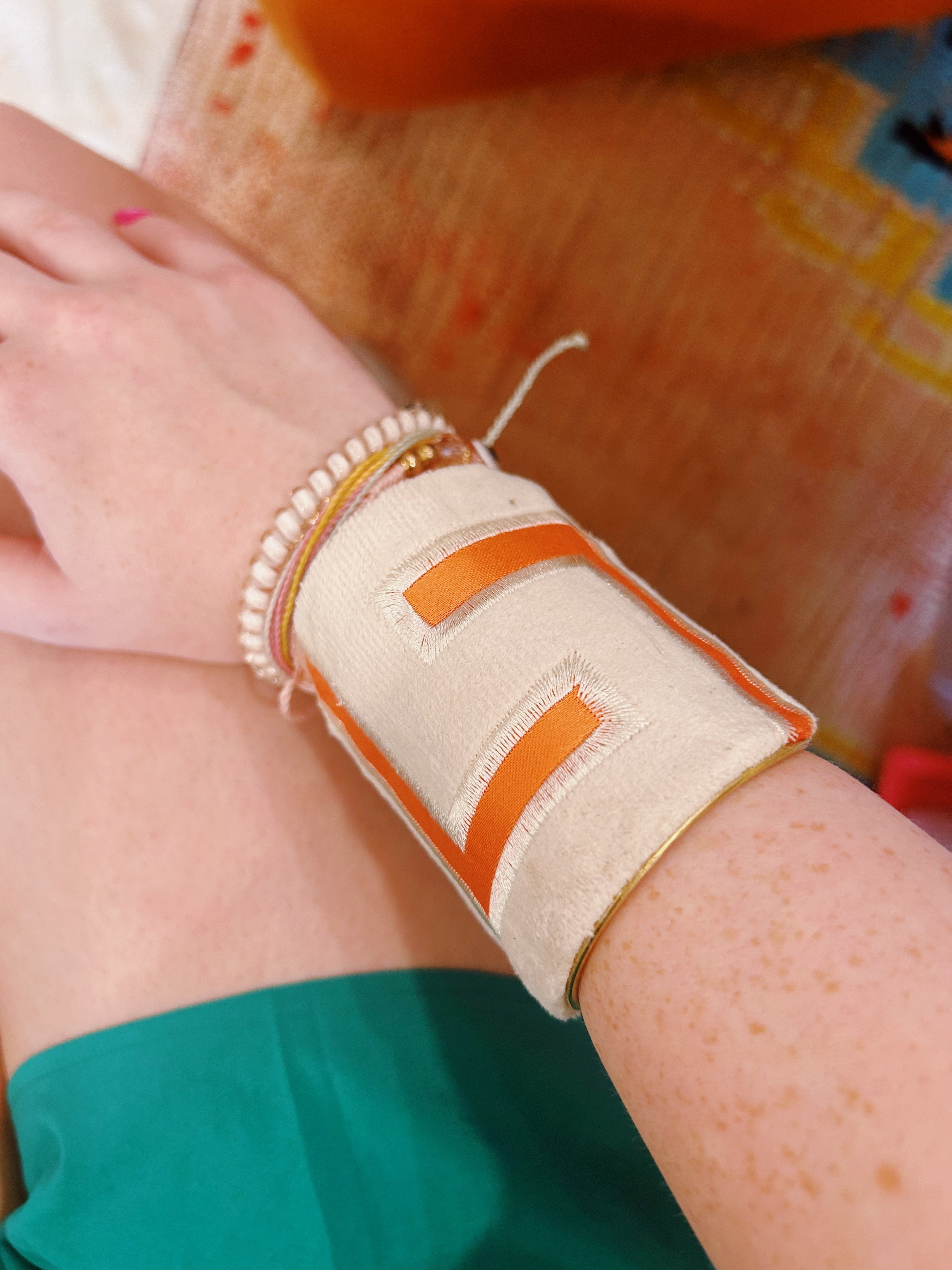 Ivory - Orange & White Custom Stamped Vintage Brass Cuff Bracelet