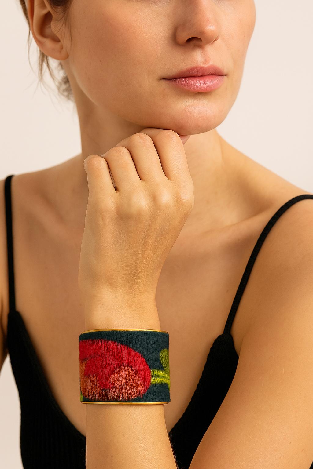 France Embroidered Velvet Cuff Bracelet – Bold Floral Design in Pink and Red