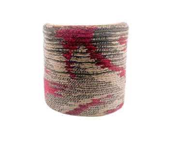 3-inch brass cuff bracelet from Redd Dott Jewelry featuring bold red and neutral embroidery, handmade in Shreveport, LA, with an optional personalized interior.