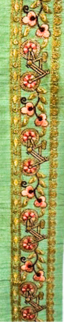 Ambrose custom floral cuff bracelet – embroidered gold and blush flowers on green vintage fabric, detailed with botanical scrolls and gold trim, handcrafted by Redd Dott Jewelry.