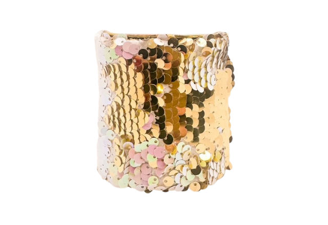 The Let Them Eat Cake cuff bracelet by Redd Dott Jewelry features gold sequins with pink iridescence on a vintage brass base. Handmade in 1-inch, 2-inch, and 3-inch sizes.