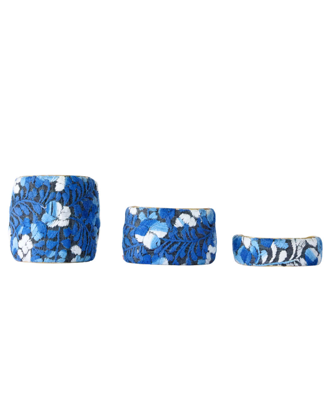 Azul Profundo Deep Blue brass cuff bracelets in 1-, 2-, and 3-inch widths featuring vivid blue and white Mexican embroidery from Margarita Mercantile.