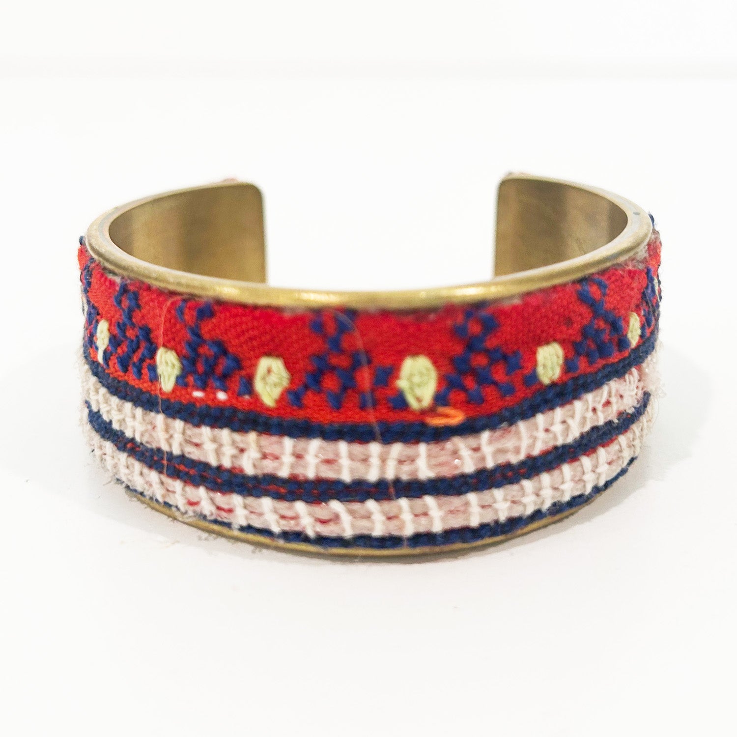Bernice - Bold Red & Navy Embroidered Brass Cuff Bracelet