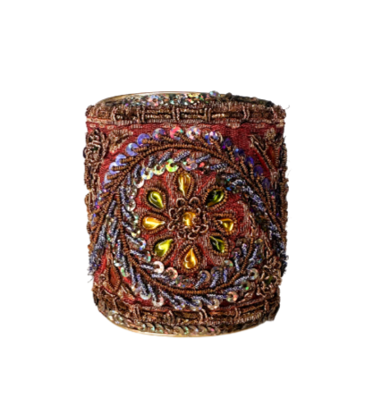 Hand-stamped embroidered cuff bracelet featuring intricate gold and multicolored threadwork with a floral design, creating a luxurious cuff bracelet for women.