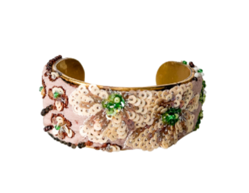 Ladies cuff bracelet featuring intricate floral embroidery in ivory, bronze, and green with sequin accents on a blush background, set on an adjustable Turkish brass base.