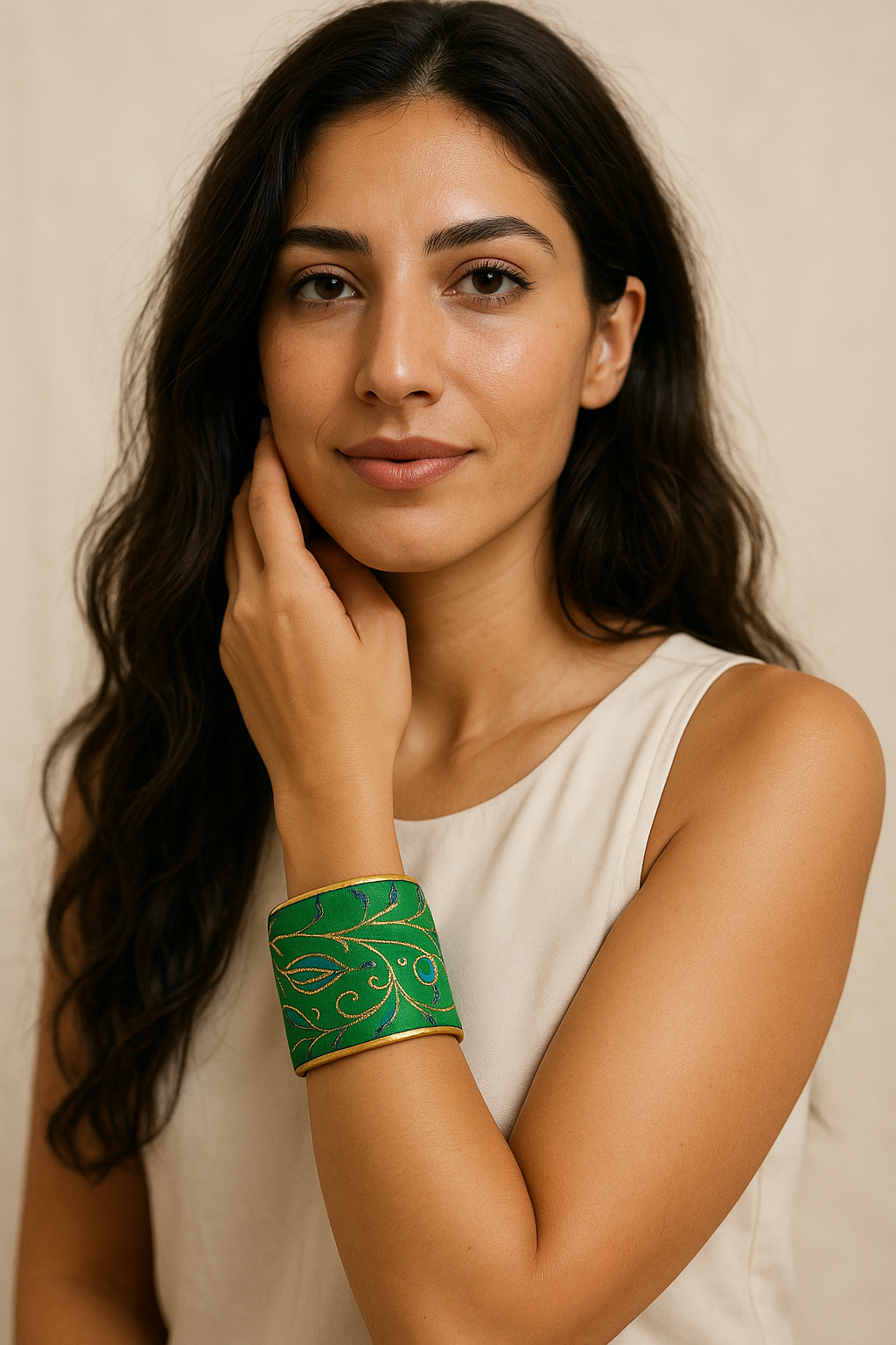 A female model wears a 2-inch brass cuff bracelet wrapped in green silk embroidered with gold and blue vines