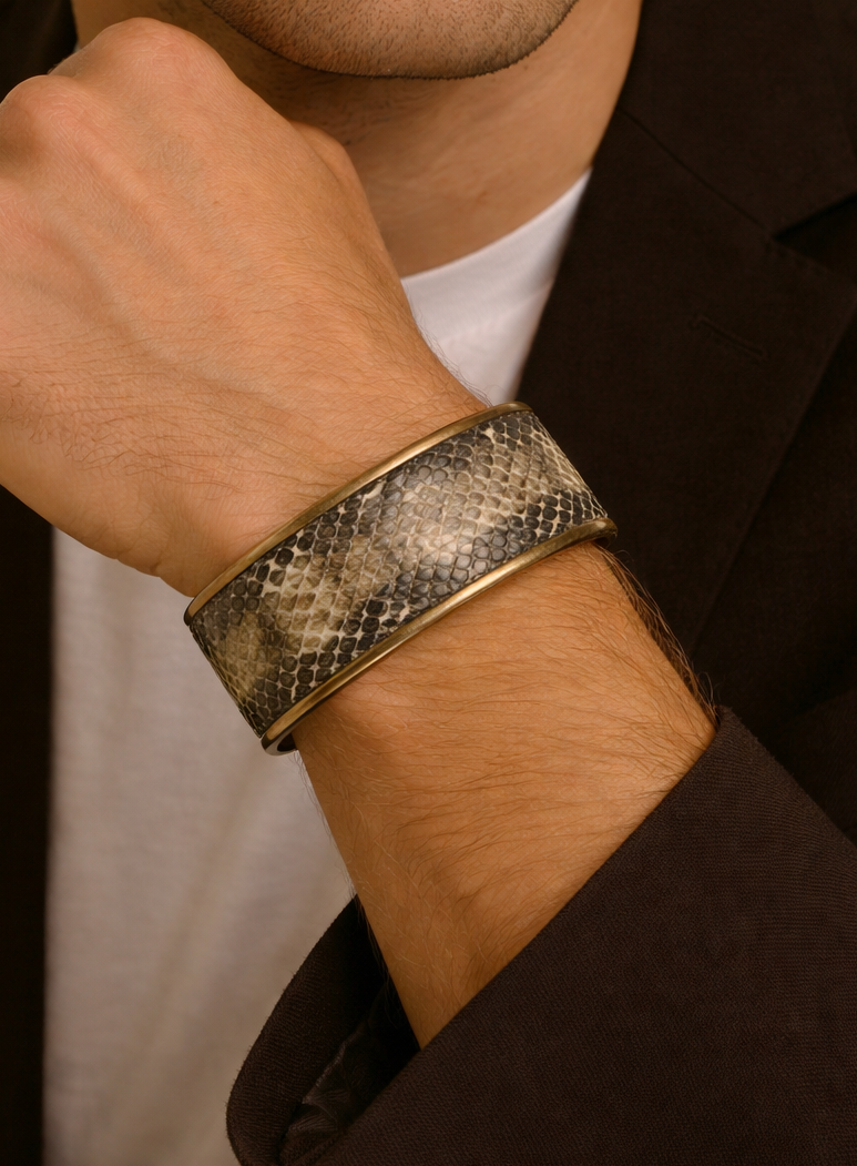 Men's 1-Inch Texas Rat Snake Skin Power Bracelet – One of a Kind Jewelry Cuff in Gold Brass