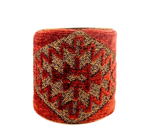 3-inch handmade brass cuff bracelet from Redd Dott Jewelry showcasing intricate red and gold embroidery, crafted in Shreveport, LA, with an optional personalized interior.