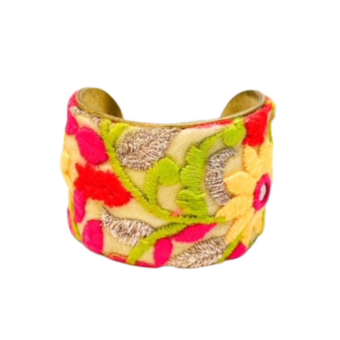 Clementine 2-inch cuff bracelet – multicolor embroidered flowers with golden thread accents on soft mesh over brass.