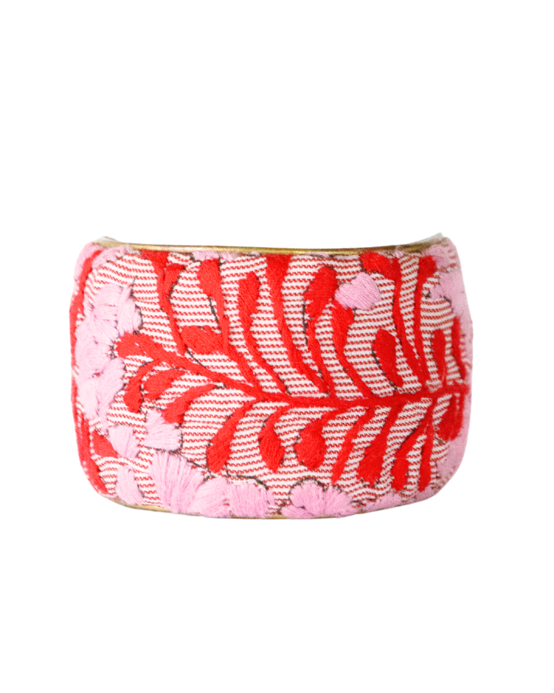 2-inch Corazón Rojo cuff bracelet showcasing red floral embroidery on a subtle red striped background