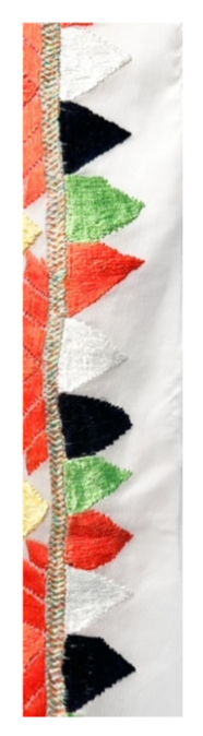 Green, yellow, and orange geometric cuff bracelet with intricate embroidery and gold detailing, offering a unique statement piece in gold cuff jewelry.