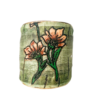 Oriental floral inspirational cuff bracelet featuring hand-embroidered pink and green flowers on a muted green background, highlighting detailed craftsmanship and elegant design.
