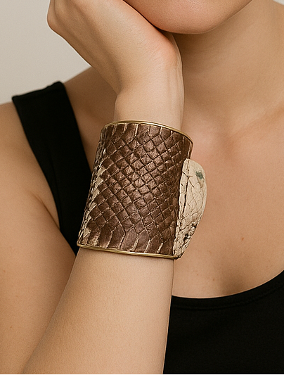 Female model wearing a rustic cuff bracelet made from genuine brown king cobra snake skin with opal inlaid eyes on a gold cuff bracelet base, handcrafted in Shreveport, LA by Redd Dott Jewelry