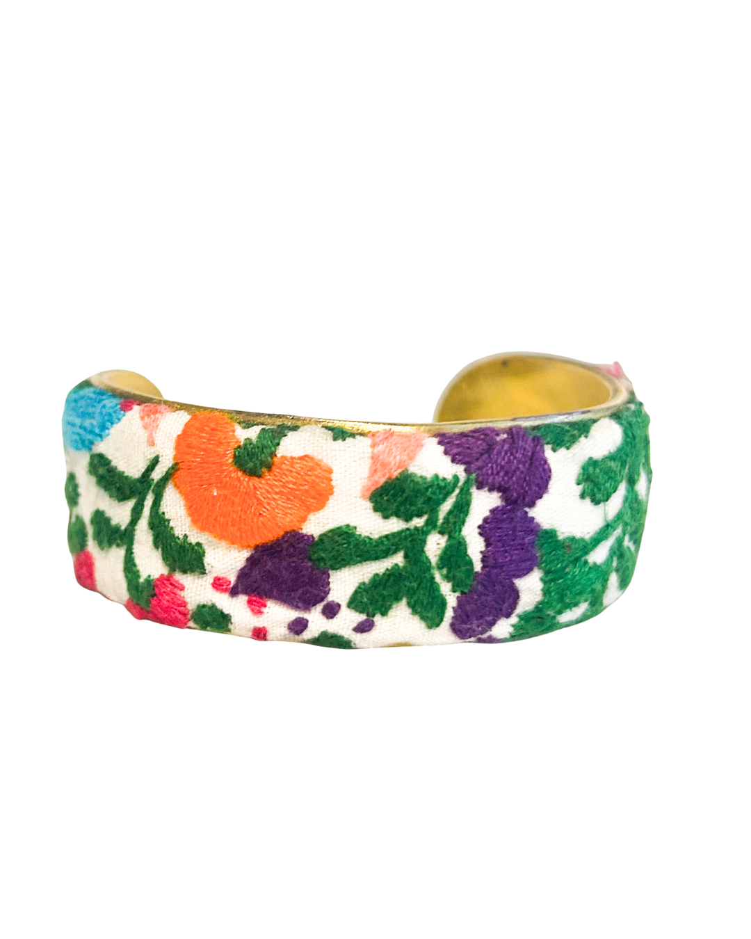 Fiesta Viva 1-inch embroidered brass cuff bracelet with multicolor floral designs in orange, purple, and teal thread on ivory fabric, showing its hand stitched detail.
