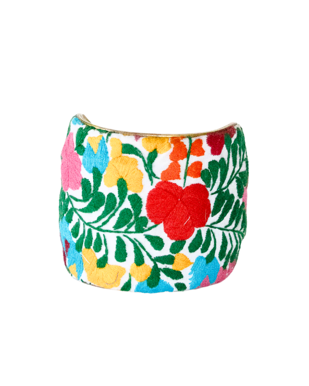 Fiesta Viva 3-inch wide brass cuff bracelet with bold embroidery of red, yellow, pink, and turquoise flowers, crafted from Margarita Mercantile’s Mexican fabrics.