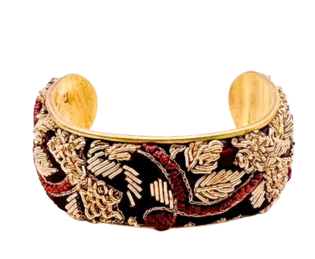 Guinevere - Red Silk and Pearl Beaded Cuff Bracelet