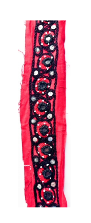 Native Indian red and black mirrored cuff bracelet featuring intricate black embroidery with mirrored accents on a vibrant red background, inspired by traditional Native Indian designs.