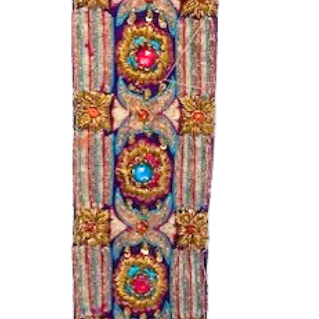 Gold statement bracelet with intricate embroidery, jewel-toned accents in turquoise and red, and a rich purple and striped fabric base, custom-stamped and handmade by Redd Dott Jewelry.