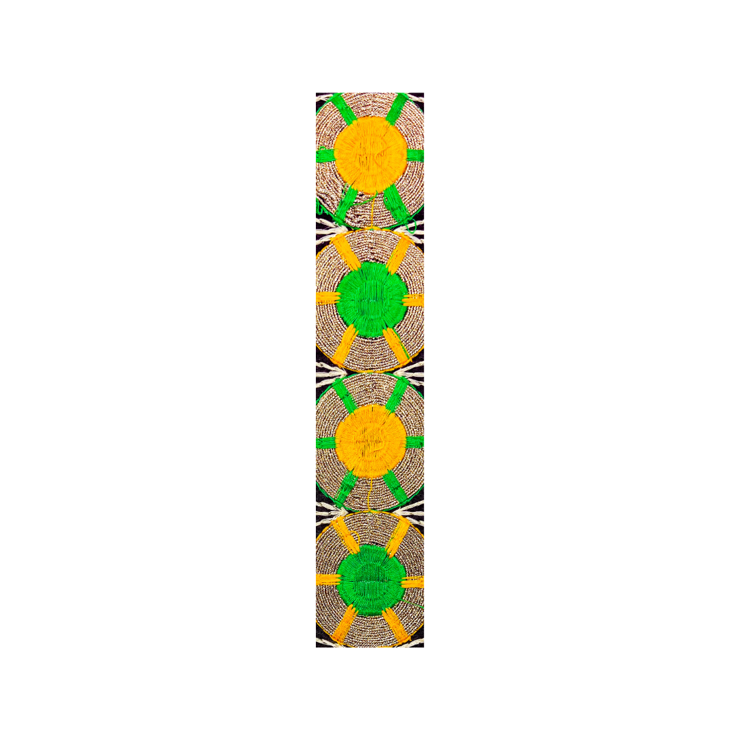 Customizable bold geometric green, black, and gold cuff bracelet featuring circular patterns with vibrant green and gold embroidery on a black background, in a sleek design.