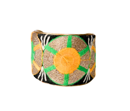 Green, black, and gold geometric embroidered cuff bracelet featuring bold circular patterns with vibrant green and gold threadwork on a black background, creating a striking and modern design.