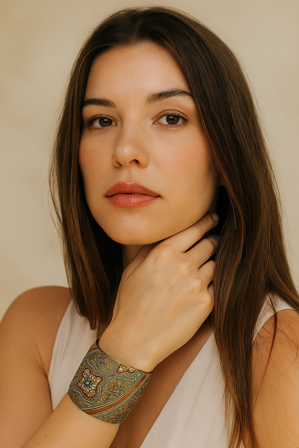A female model in a cream sleeveless top wears a three-inch brass cuff bracelet covered in embroidered ochre, teal, and olive mosaic medallion fabric; the open-back adjustable fit and her hand gently touching her neck are visible against a neutral backdrop.
