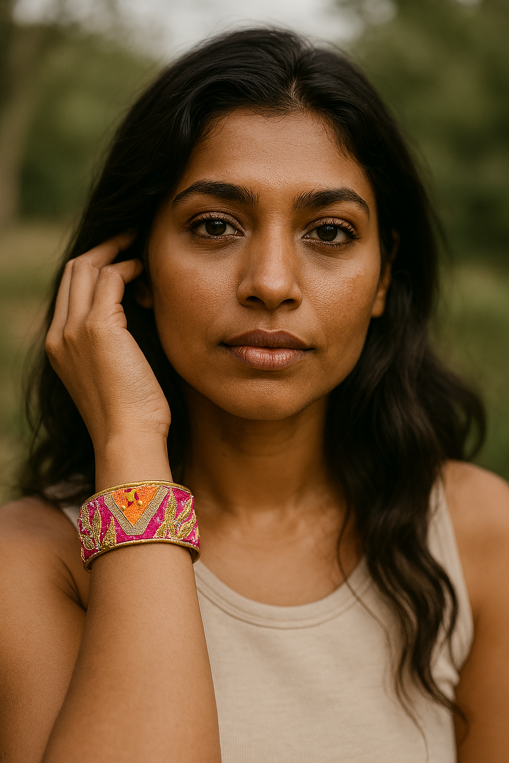 A 1-inch brass cuff bracelet wrapped in hand-embroidered pink fabric with metallic gold chevron embroidery, shown on a female model;