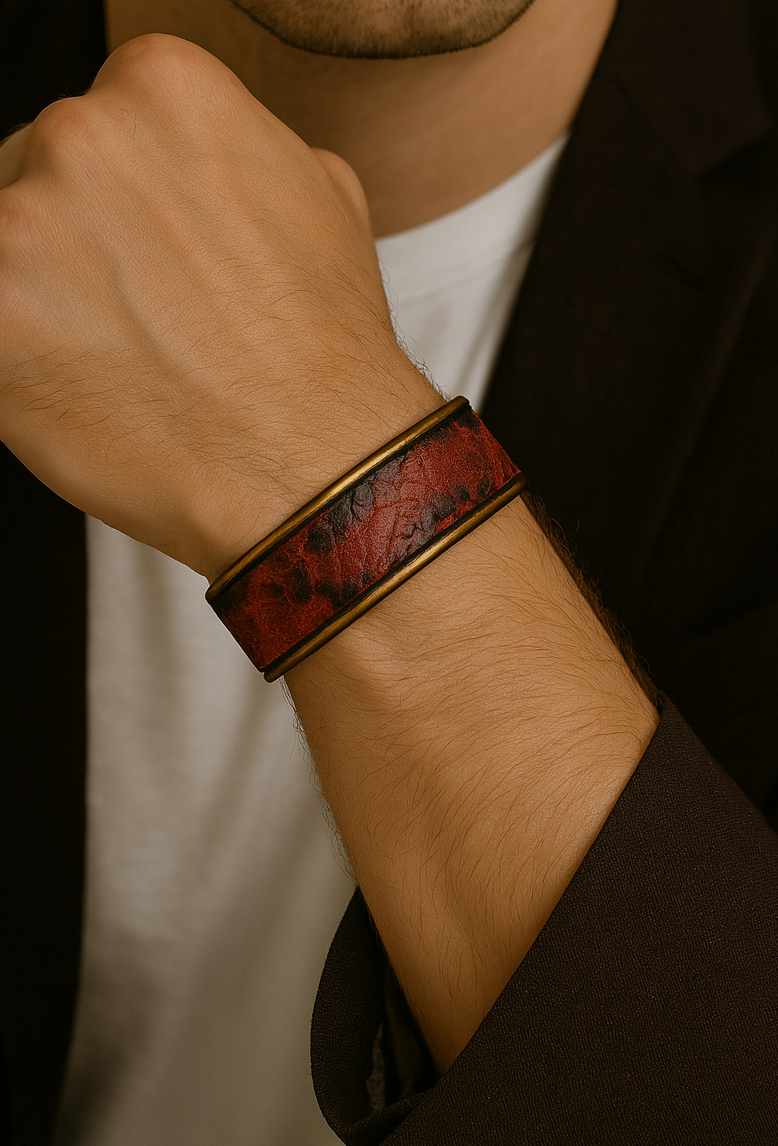 Close-up of a model wearing the men’s 1-Inch ostrich thigh cuff bracelet by Redd Dott Jewelry, featuring deep rust and black mottled leather with natural texture set into a slim brass cuff, highlighting the rugged finish and handcrafted cuff bracelet detail, handcrafted in Shreveport, LA by Redd Dott Jewelry.