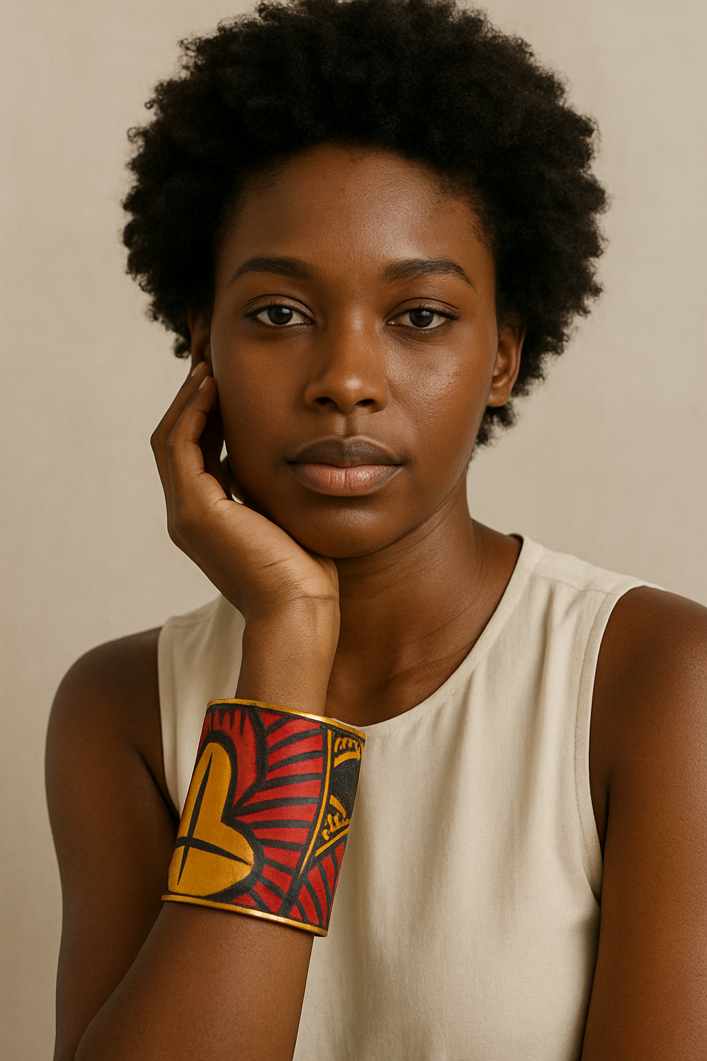 A female model’s wrist adorned with a 3-inch raw brass cuff bracelet showcasing a bold coral-red flower petal motif on cream fabric with blue highlights—an elegant one of a kind jewelry piece in cuff bracelets for women.