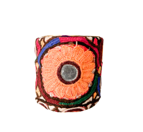 Bohemian mirrored sequin cuff bracelet featuring a vibrant embroidered design with a central mirrored accent surrounded by colorful patterns, creating a bold and eclectic look.