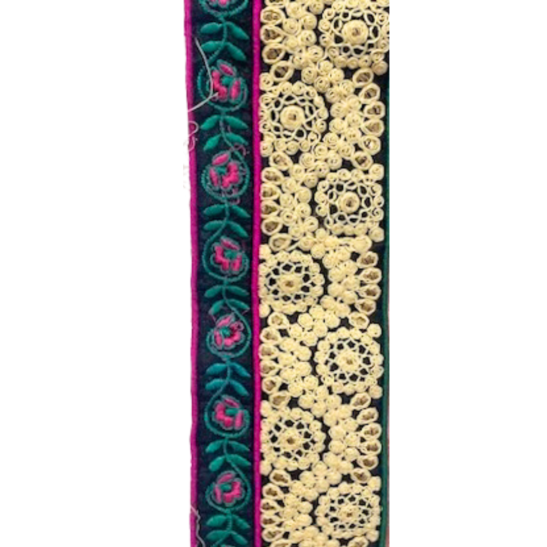 Antique bracelet with cream lace embroidery, vibrant green and magenta floral patterns on a navy base, custom-stamped and handmade by Redd Dott Jewelry.