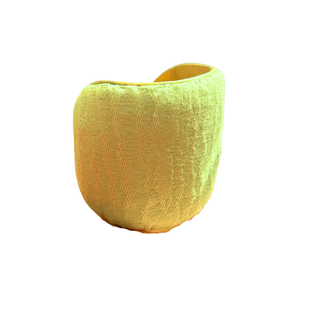 Owlen 3-inch wide cuff – minimalist pale green embroidered fabric with tonal organic patterns, handcrafted on a bold brass cuff.