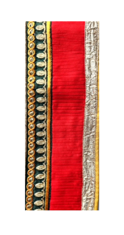 Pleated red and gold embroidered cuff bracelet featuring rich red fabric with intricate gold and green embroidery, creating a luxurious and detailed design.