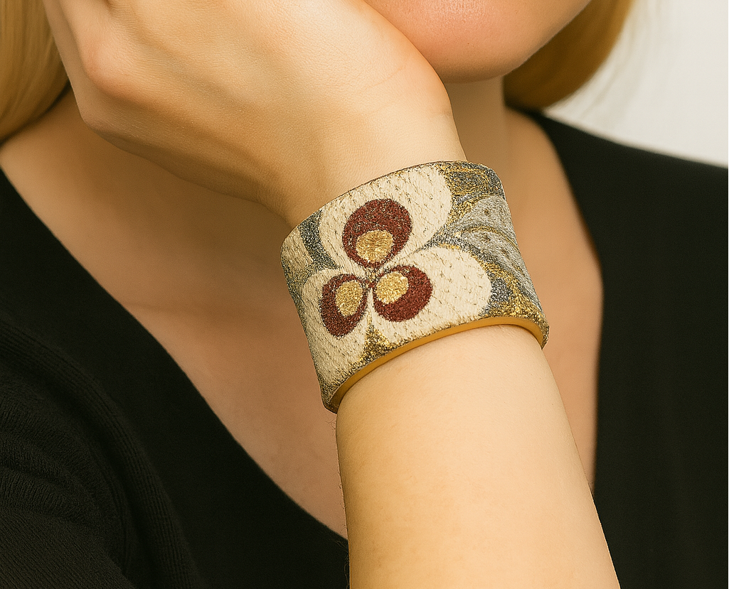 Model wearing Saylor slate floral statement bracelets design with brass edges, a soft 2-inch fashion cuffs style handcrafted in Shreveport, LA by Redd Dott Jewelry.