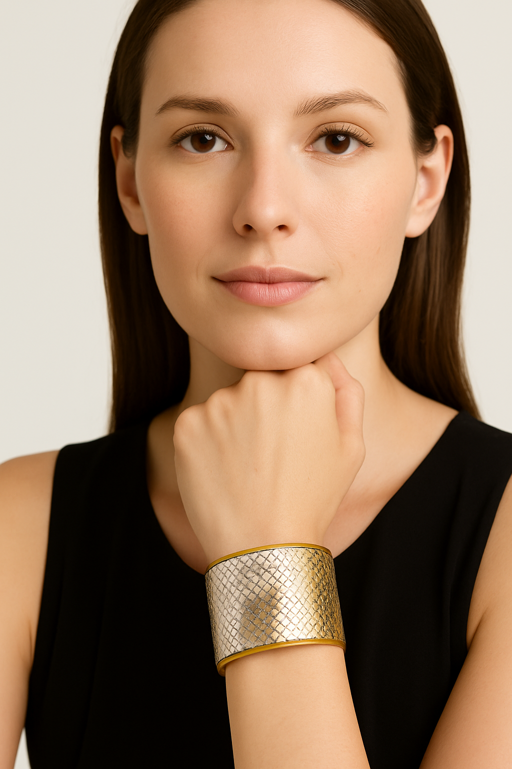 Close-up of a woman wearing the Redd Dott Queen of Mardi Gras 2-inch gold cuff bracelet, featuring a shimmering metallic silver and gold diamond-patterned design.