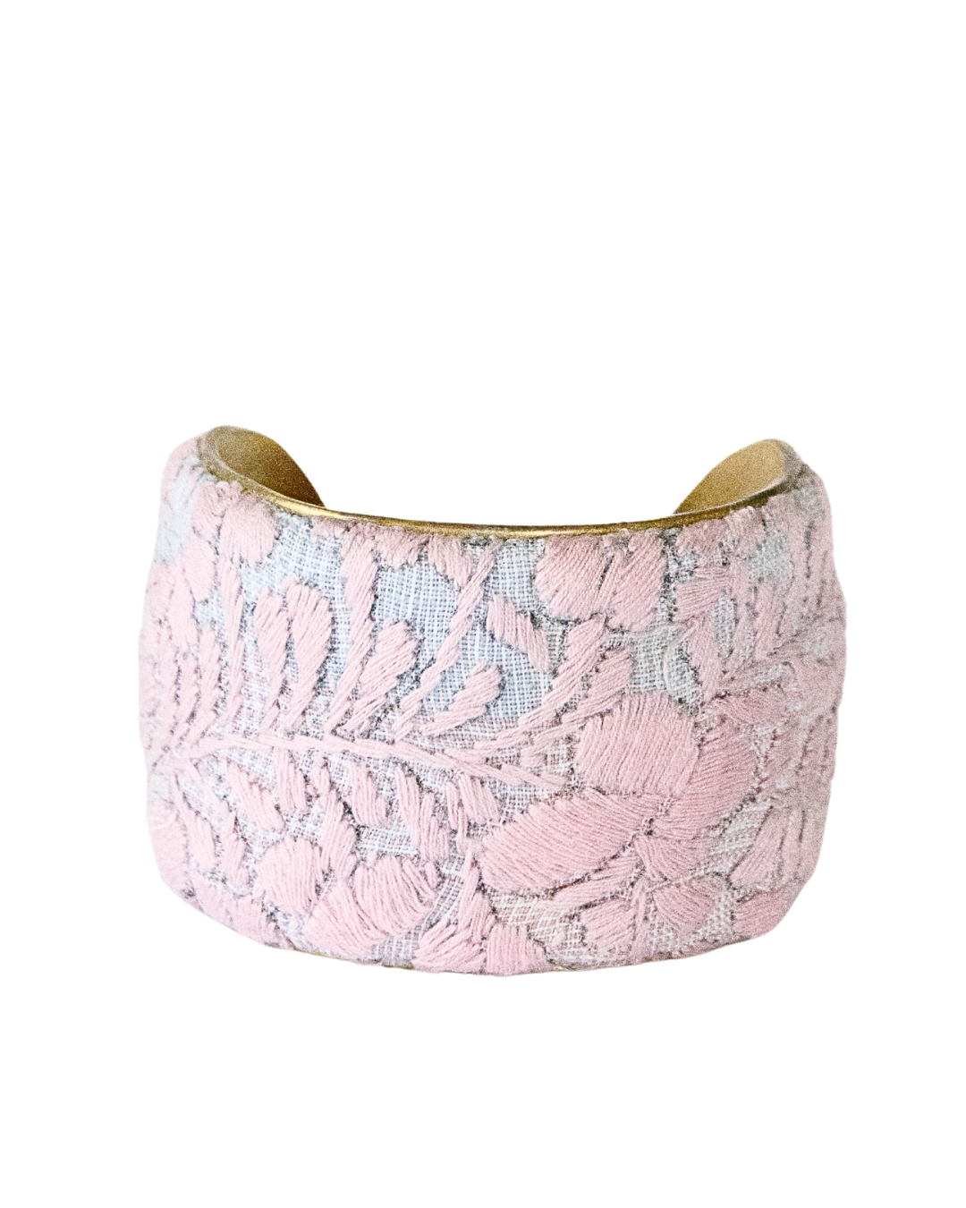 2-inch Rosa De Ceniza brass cuff bracelet showcasing intricate blush floral embroidery on gray fabric from Margarita Mercantile.